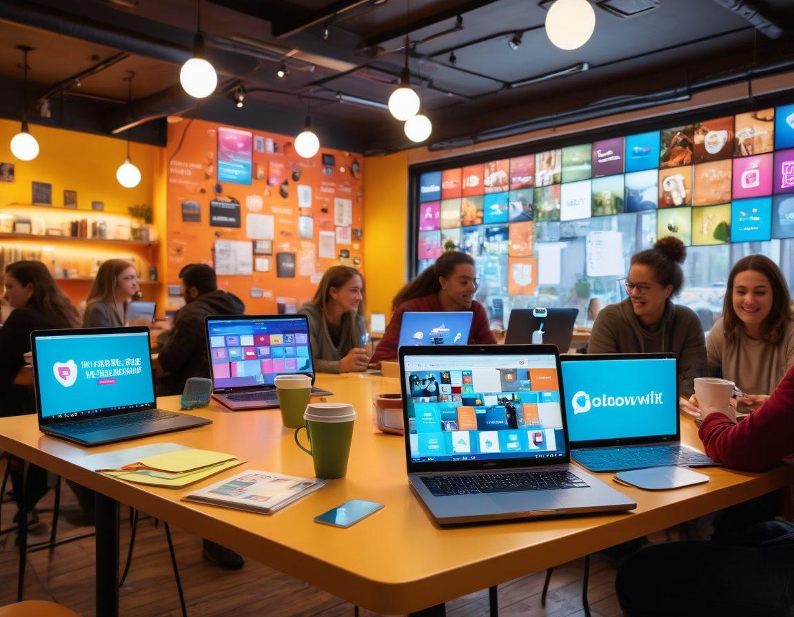 A lively digital café scene where diverse people, including writers and readers, are animatedly discussing trending topics at colorful tables. In the foreground, a couple of laptops display vibrant social media feeds while cups of coffee steam beside them. Abstract speech bubbles filled with hashtags and ideas float around, creating a sense of dynamic conversation. The atmosphere is warm and inviting, reflecting a sense of community and creativity. vibrant colors. 3D.