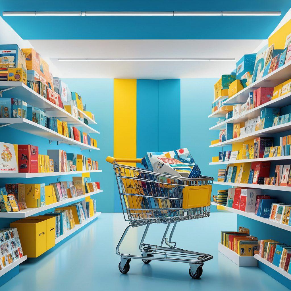 A dynamic collage showcasing a digital journal seamlessly transitioning into an e-commerce platform. Highlight engaging multimedia content like videos and graphics on one side, flowing into vibrant product displays and shopping carts on the other. Incorporate elements of creativity and technology, with a sleek, modern design. Use a mix of soft blues and energetic yellows to evoke excitement and inspiration. super-realistic. vibrant colors.