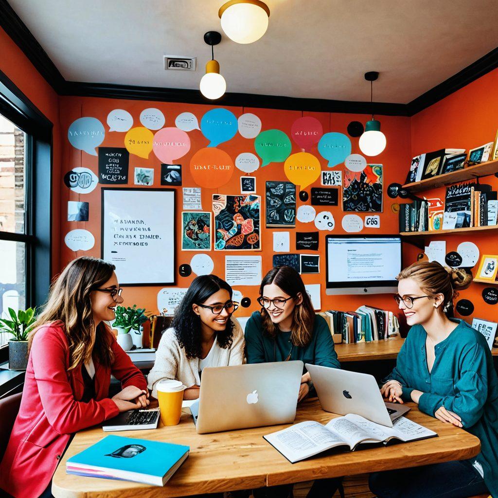 A vibrant and colorful scene depicting a diverse group of bloggers collaborating in a cozy coffee shop, surrounded by books and laptops. They are animatedly sharing ideas, with a visible spark of creativity in the air, illustrated with colorful thought bubbles filled with various blogging themes. The background features a wall full of inspiring quotes and art, enhancing the creative atmosphere. Include a hint of digital elements like floating icons or screens. super-realistic. vibrant colors. cozy atmosphere.
